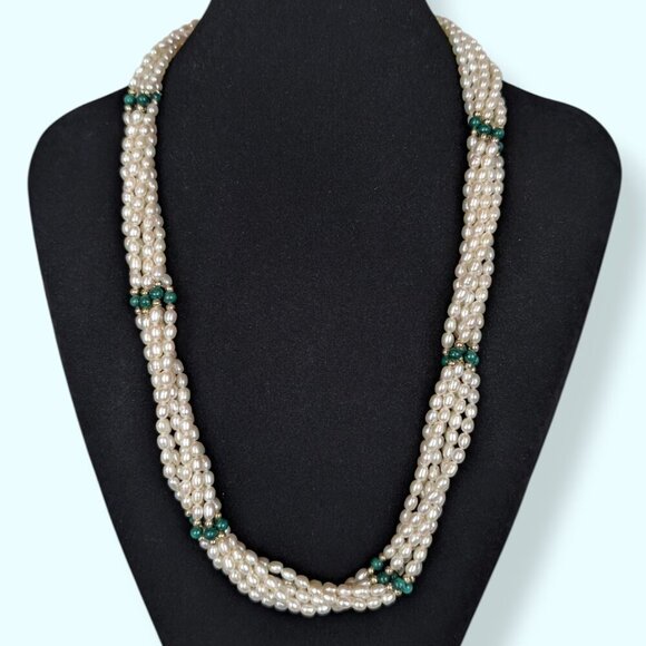 Vintage 6-Strand Freshwater Pearl & Malachite Torsade Necklace - Picture 2 of 6